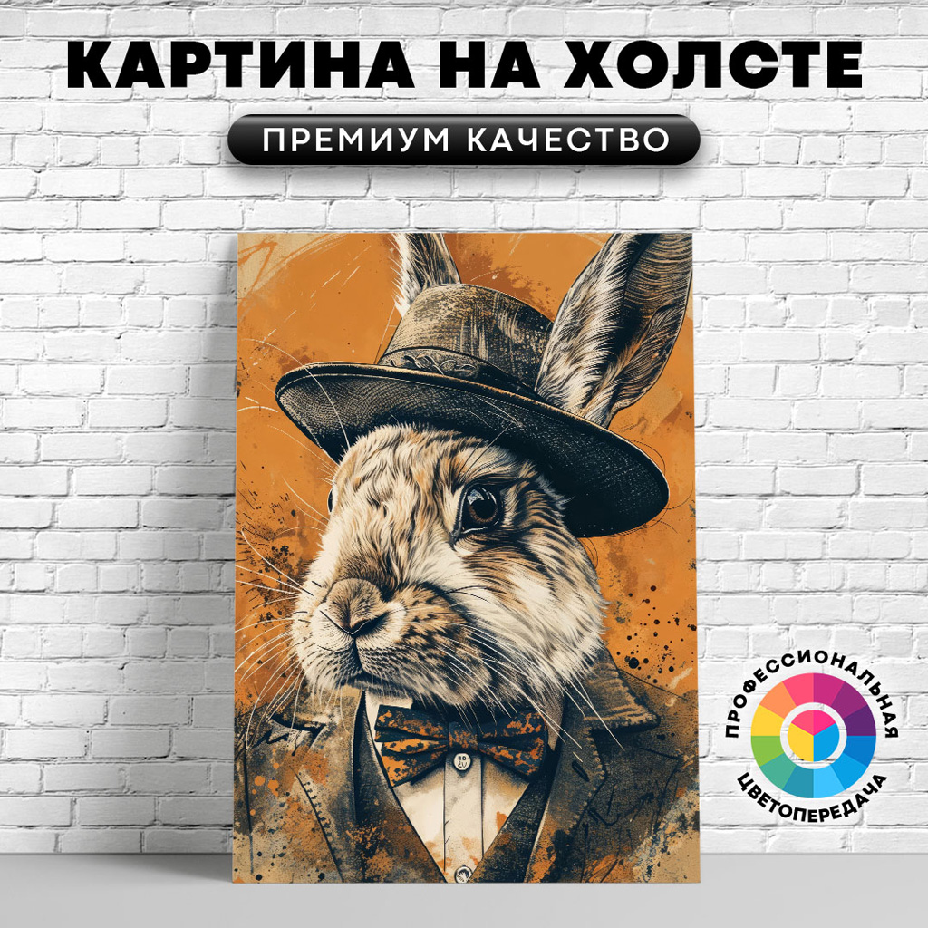 

Картина на холсте Кролик в шляпе арт 40х30 см, ЖКРОЛ
