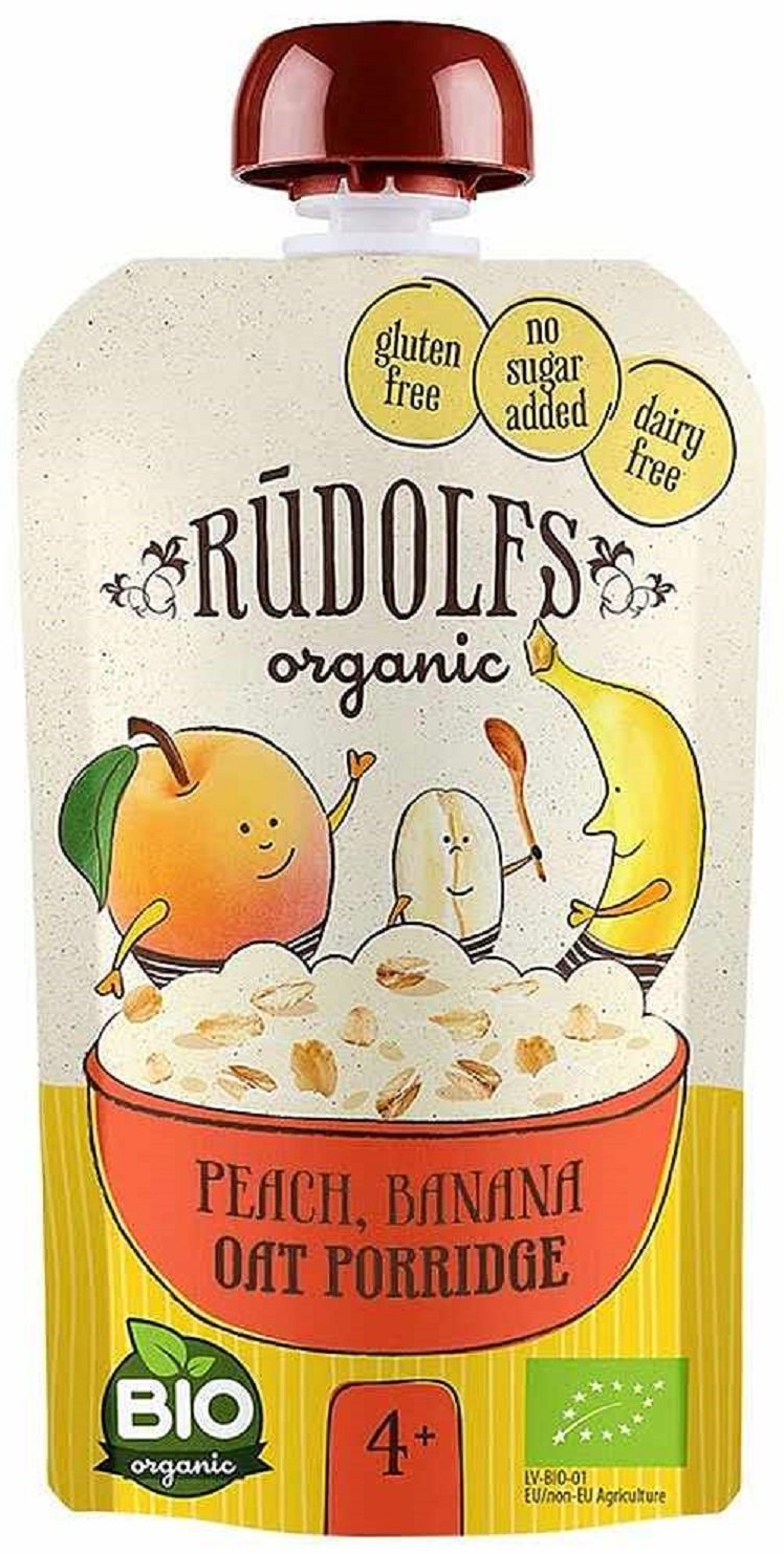 Каша детская Rudolfs Organic овсяная безмолочная персик-банан с 4 месяцев 110 мл
