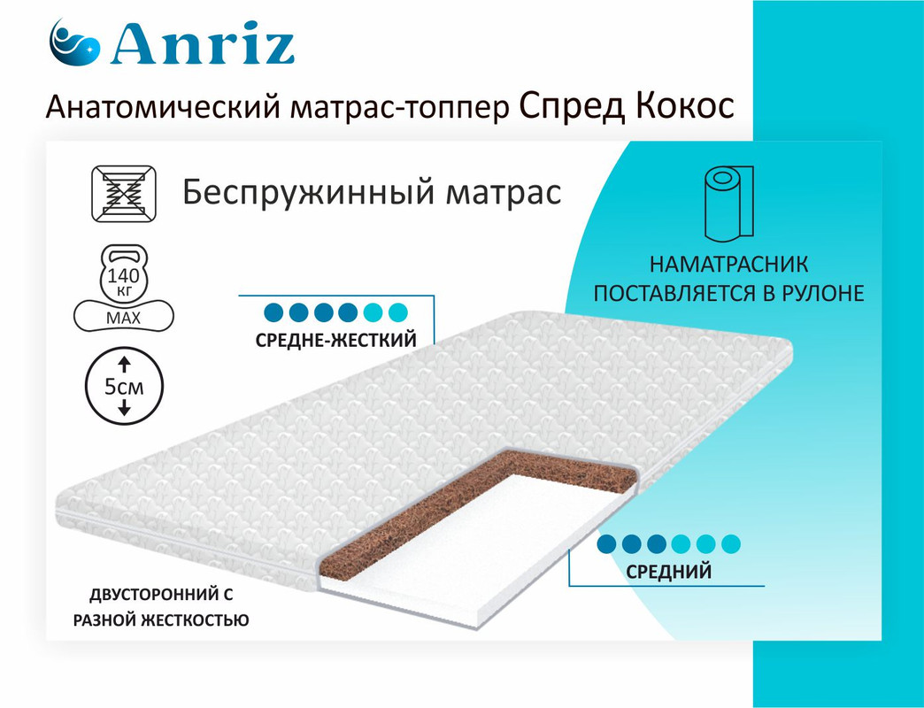 Анатомический матрас топпер Anriz, Спред Кокос 80-195