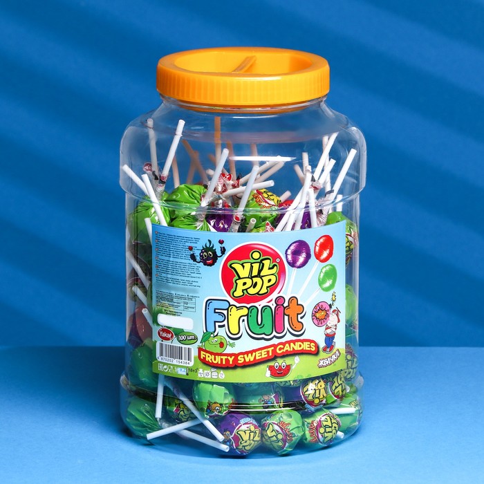 

Леденцы карамельные на палочке "Vil pop" с жвачкой (bubble gum + fruit), 16 г (100 шт.)