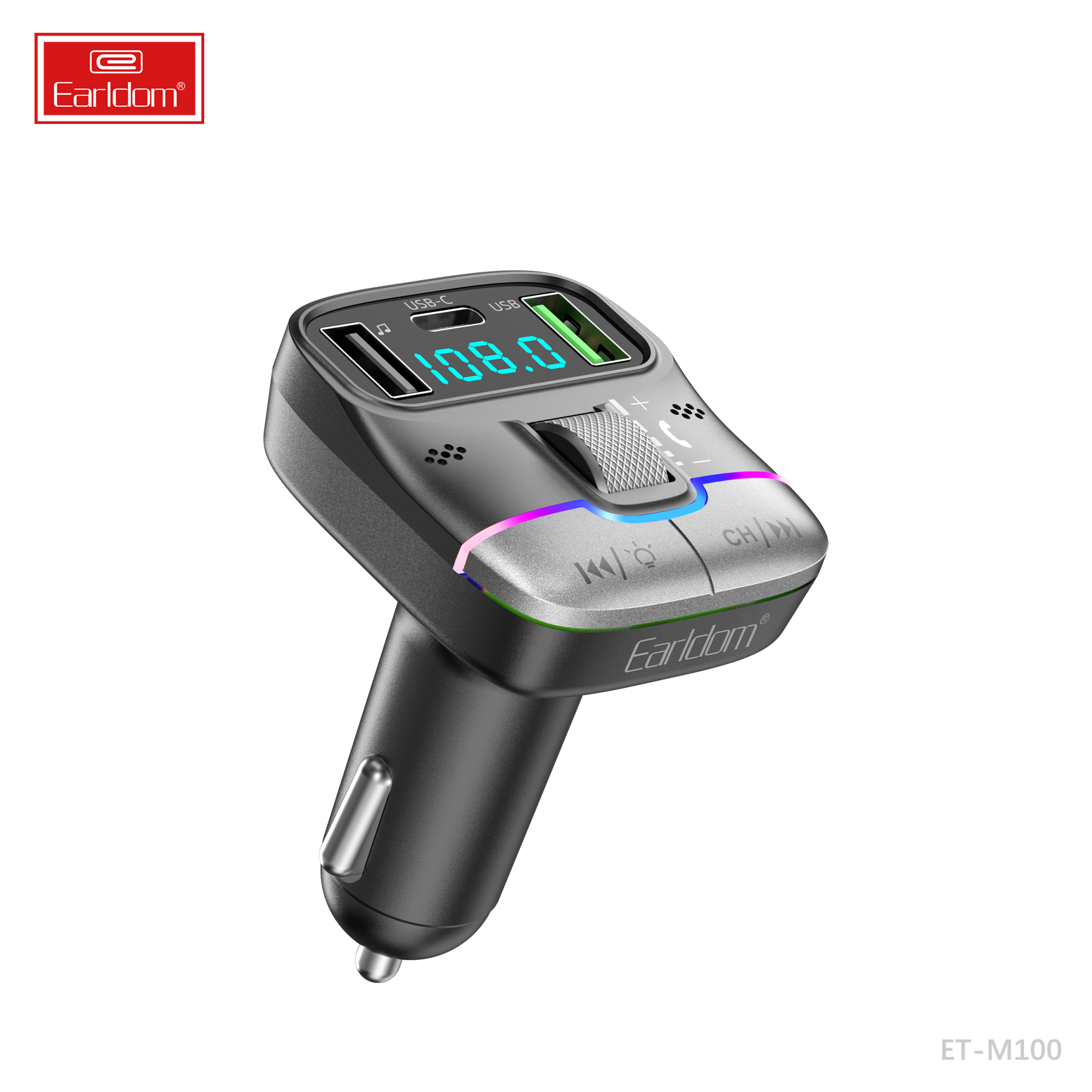 ФМ модулятор Earldom ET-M100 3A с подсветкой 2USB выхода USB-C Bluetooth 790₽