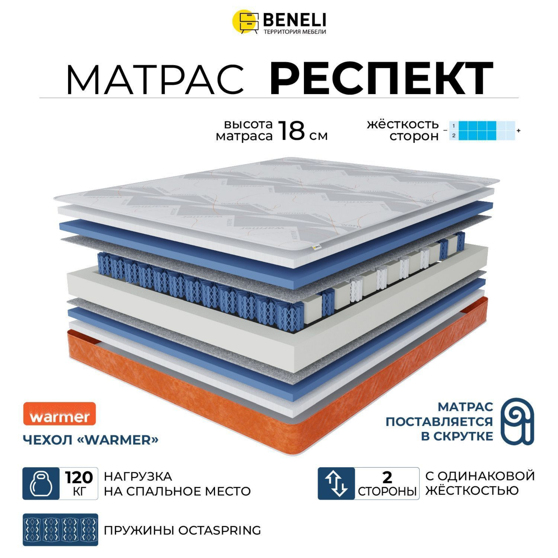 

Ортопедический матрас Beneli Респект в чехле WARMER скрутка, гипоаллергенный, 120х200, Белый;оранжевый;серый, Респект WARMER скрутка
