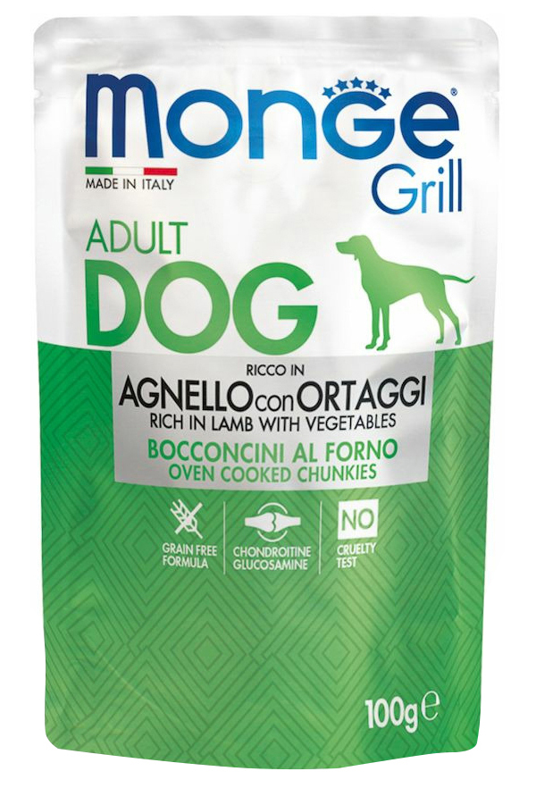 

Влажный корм для собак Monge Grill Pouch Dog с ягненком и овощами, 24 шт по 100 г, MONGE GRILL POUCH DOG для взрослых собак с ягненком и овощами (100 гр х 24 шт)