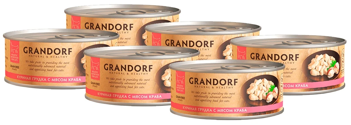 

Влажный корм для кошек Grandorf с куриной грудкой и мясом краба, 6 шт по 70 г, Natural&Healthy