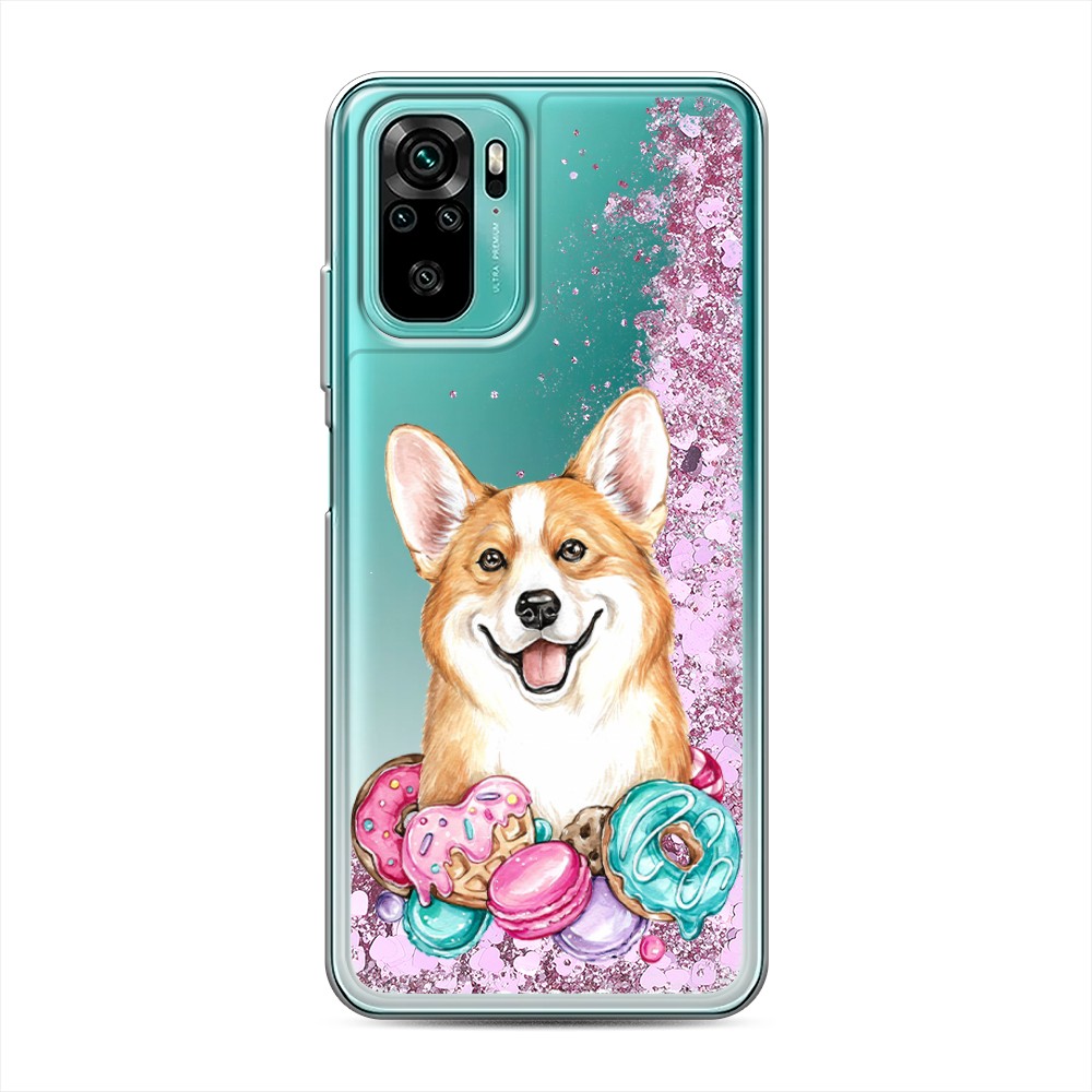 

Жидкий чехол с блестками "Корги и сладости" на Xiaomi Redmi Note 10