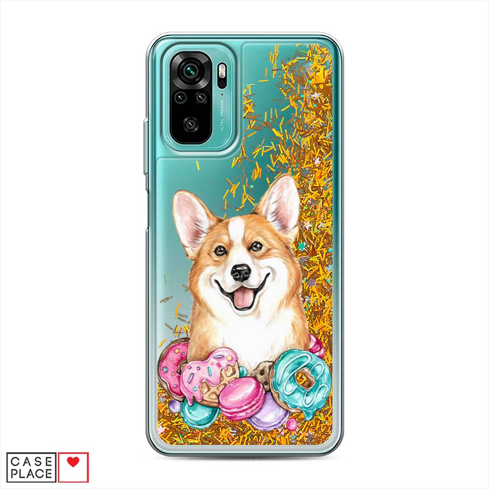 

Жидкий чехол с блестками "Корги и сладости" на Xiaomi Redmi Note 10, 39790-1