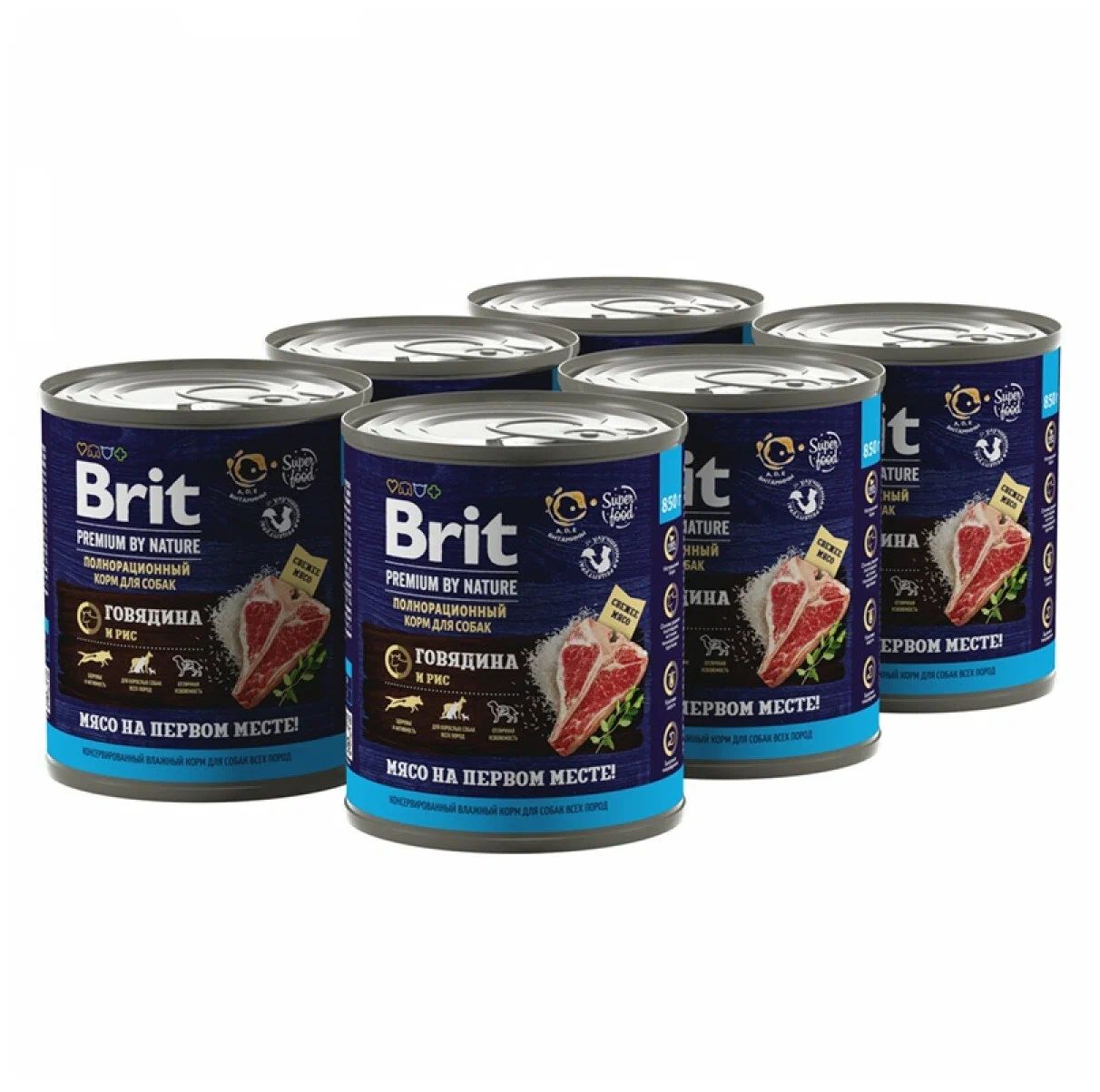 Консервы для собак Brit Premium By Nature Dog с говядиной и рисом, 6 шт 850 г