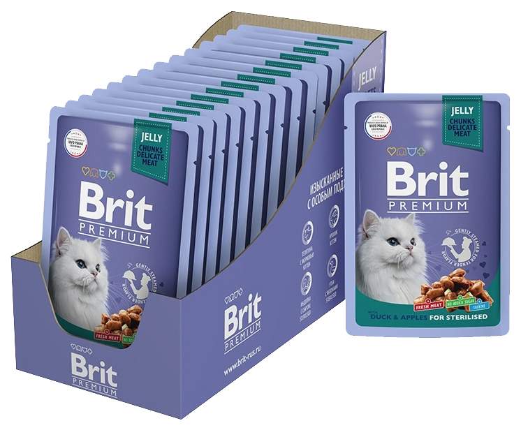 

Влажный корм для котов Brit Premium с уткой и яблоками в желе, 14 шт по 85 г, Premium For Sterilised