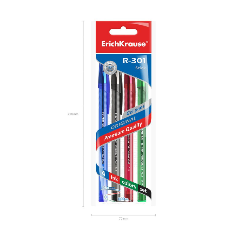 

Ручка гелевая ErichKrause R-301 Original Gel Stick 0.5, 4цв, 4шт, (2шт.)