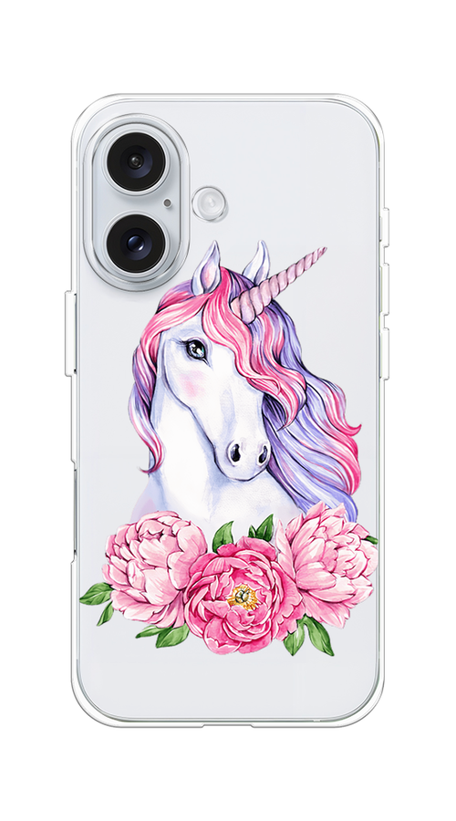 

Чехол на Apple iPhone 16 "Единорог с пионами", Розовый;белый;зеленый, 16050-1