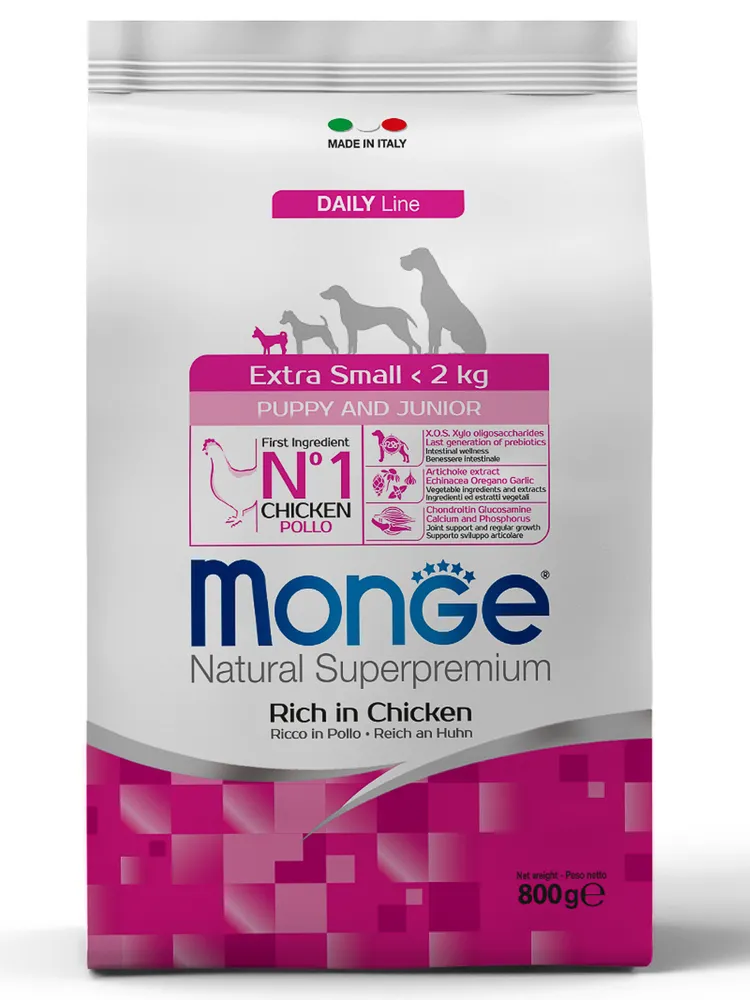 

Сухой корм для щенков маленьких пород Monge Eztra Small с курицей, 10 шт по 0,8 кг, MONGE DOG EXTRA SMALL PUPPY & JUNIOR CHICKEN для щенков маленьких пород с курицей (0,8 кг х 10 шт)