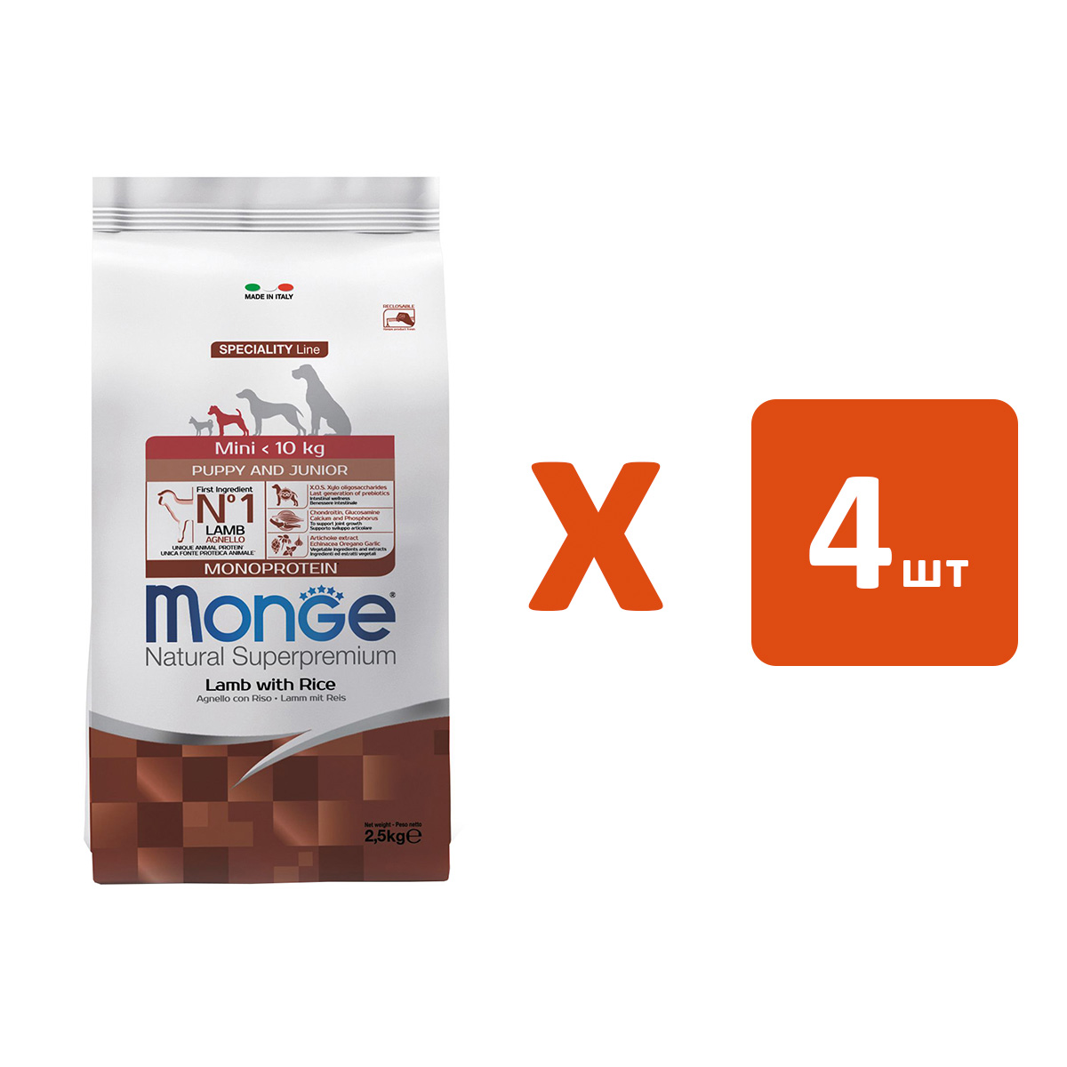 

Сухой корм для собак Monge Speciality с ягненком и рисом, 4 шт по 2,5 кг, MONGE SPECIALITY DOG MINI PUPPY & JUNIOR LAMB для щенков маленьких пород с ягненком и рисом (2,5 кг х 4 шт)