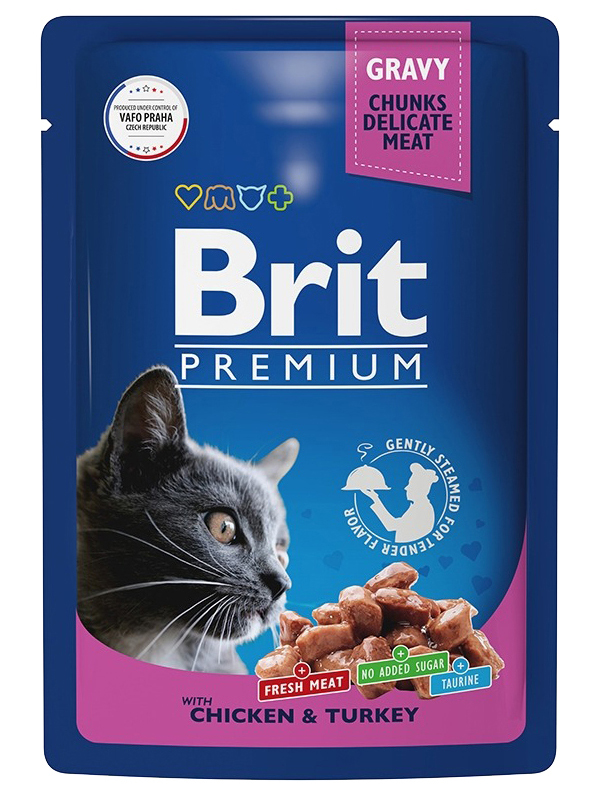 фото Влажный корм для взрослых кошек brit premium c курицей и индейкой в соусе, 14 шт по 85 г