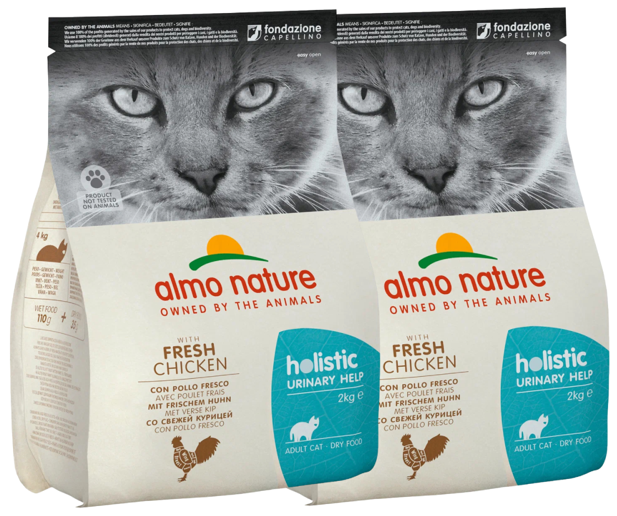 

Сухой корм для кошек Almo Nature Adul Cat Holistic Urinary Help с курицей, 2 шт по 2 кг, ALMO NATURE ADULT CAT HOLISTIC URINARY HELP для взрослых кошек при мочекаменной болезни с курицей (2 + 2 кг)