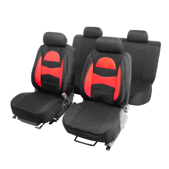 

Авточехлы TORSO Premium универсальные, 11 предметов, кожаные вставки, красные вставки, Черный;красный