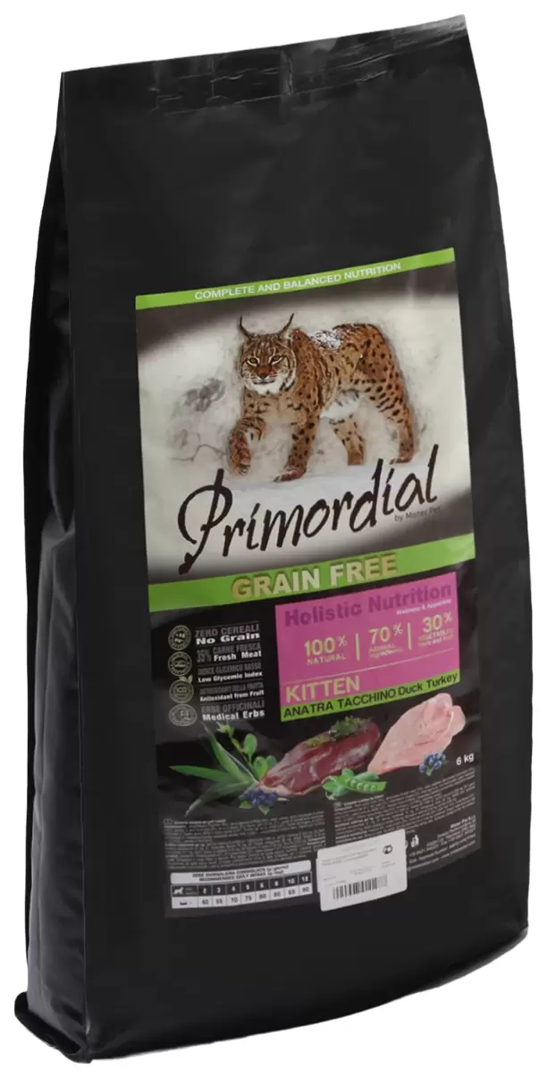 Сухой корм для котят Primordial беззерновой с уткой и индейкой, 2 шт по 6 кг