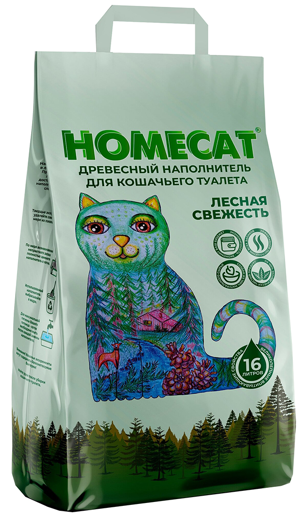 Впитывающий наполнитель HOMECAT древесный, лесная свежесть, 2 шт по 16 л