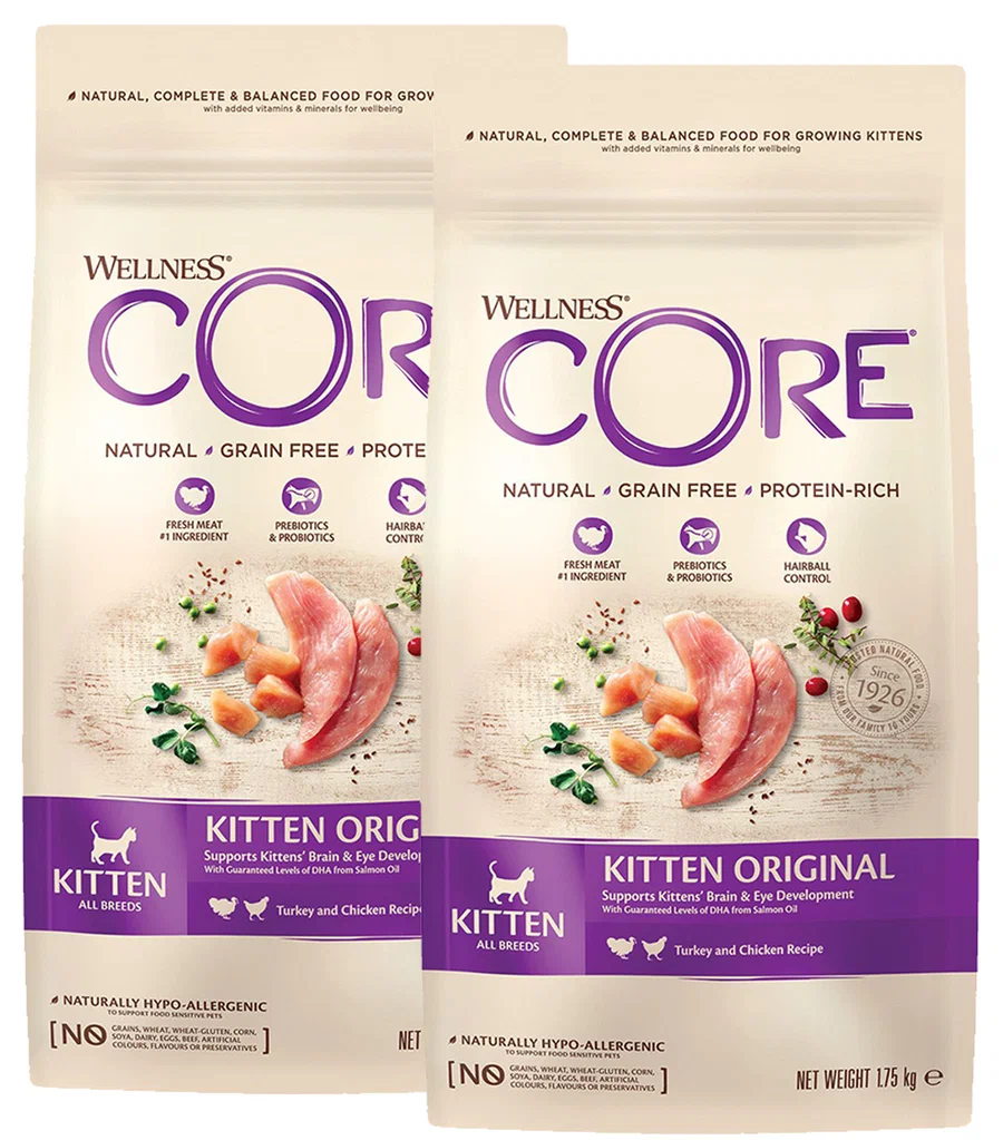 

Сухой корм для котят CORE Original Kitten индейка и курица, 2 шт по 1,75 кг, CORE ORIGINAL KITTEN беззерновой для котят с индейкой и курицей (1,75 + 1,75 кг)