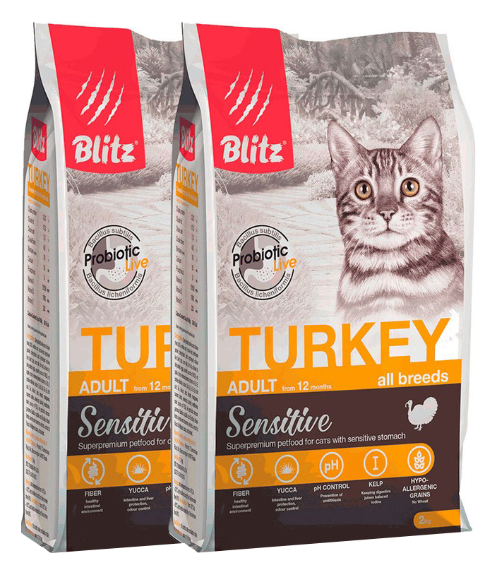 фото Сухой корм для взрослых кошек blitz sensitive adult cat turkey с индейкой, 2 шт по 2 кг
