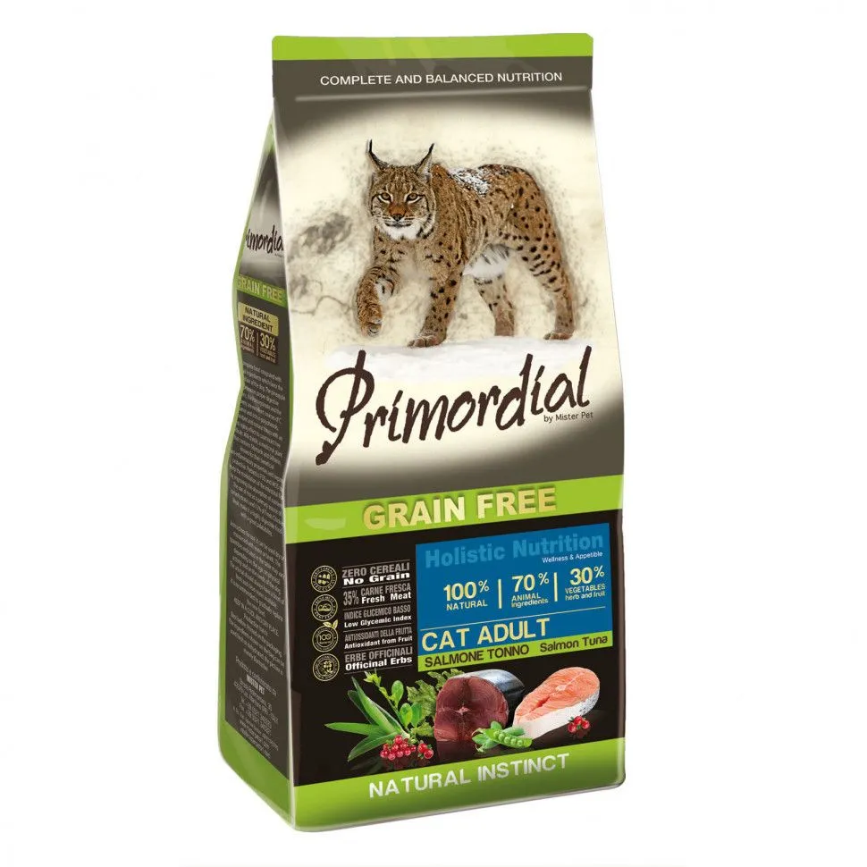 Сухой корм для кошек Primordial беззерновой с лососем и тунцом, 2 шт по 0,4 кг