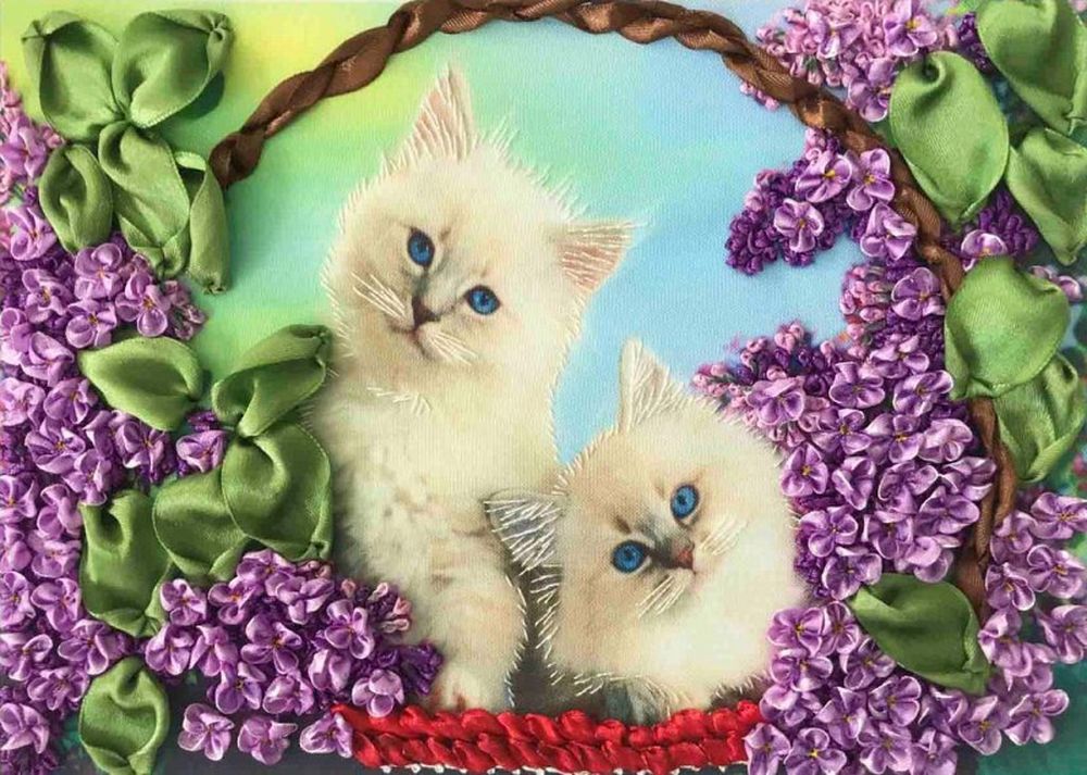 

Вышивка лентами «Коты в корзине»