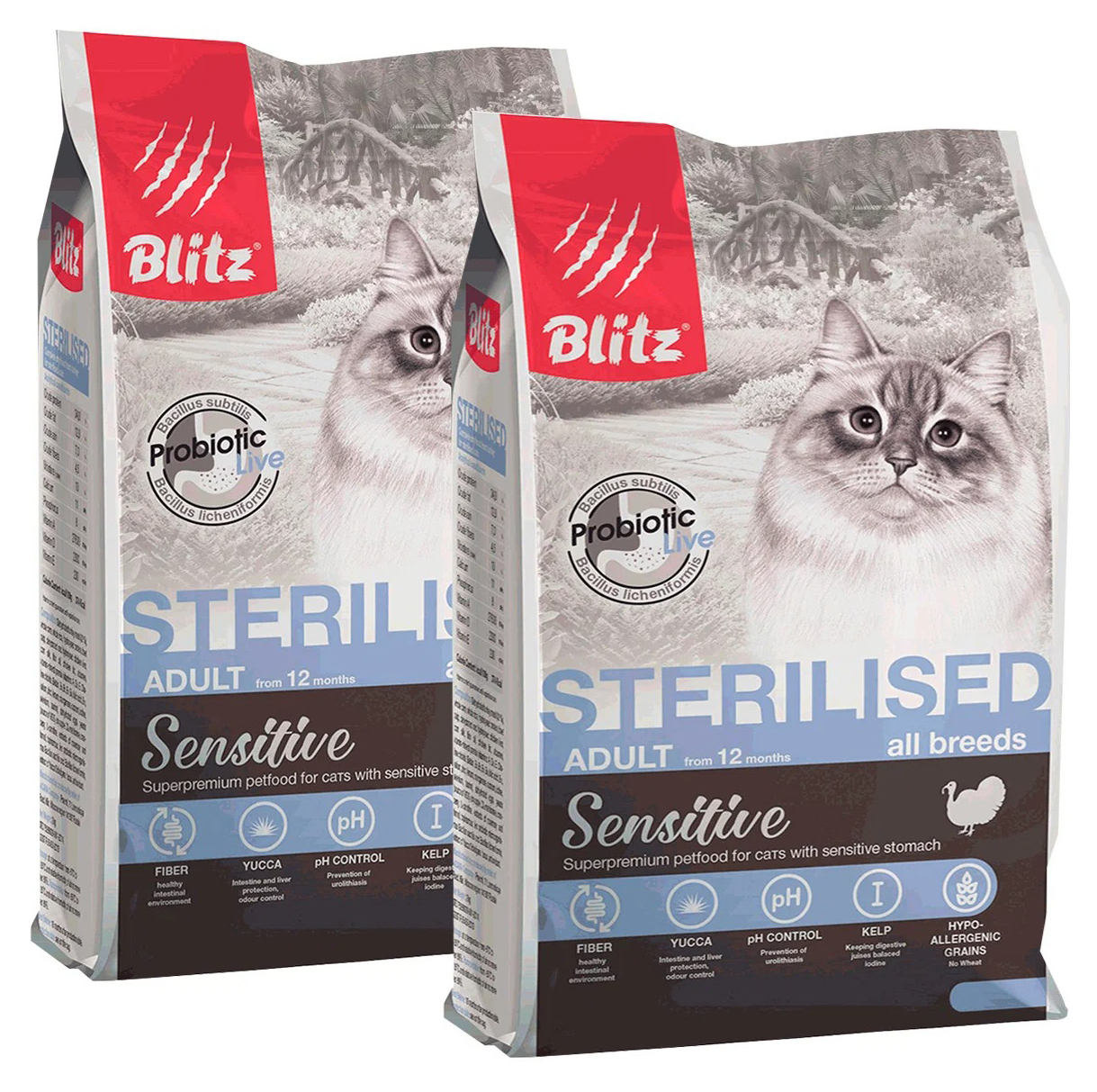 

Сухой корм для кошек Blitz Sensitive, для стерилизованных, индейка, 2 шт по 2кг, BLITZ SENSITIVE ADULT CAT STERILISED TURKEY для взрослых кастрированных котов и стерилизованных кошек с индейкой (2 + 2 кг)