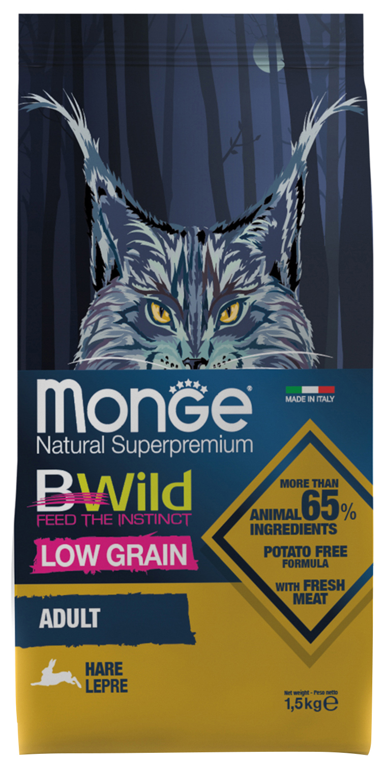 фото Сухой корм для взрослых кошек monge bwild low grain с мясом зайца, 2 шт по 1,5 кг