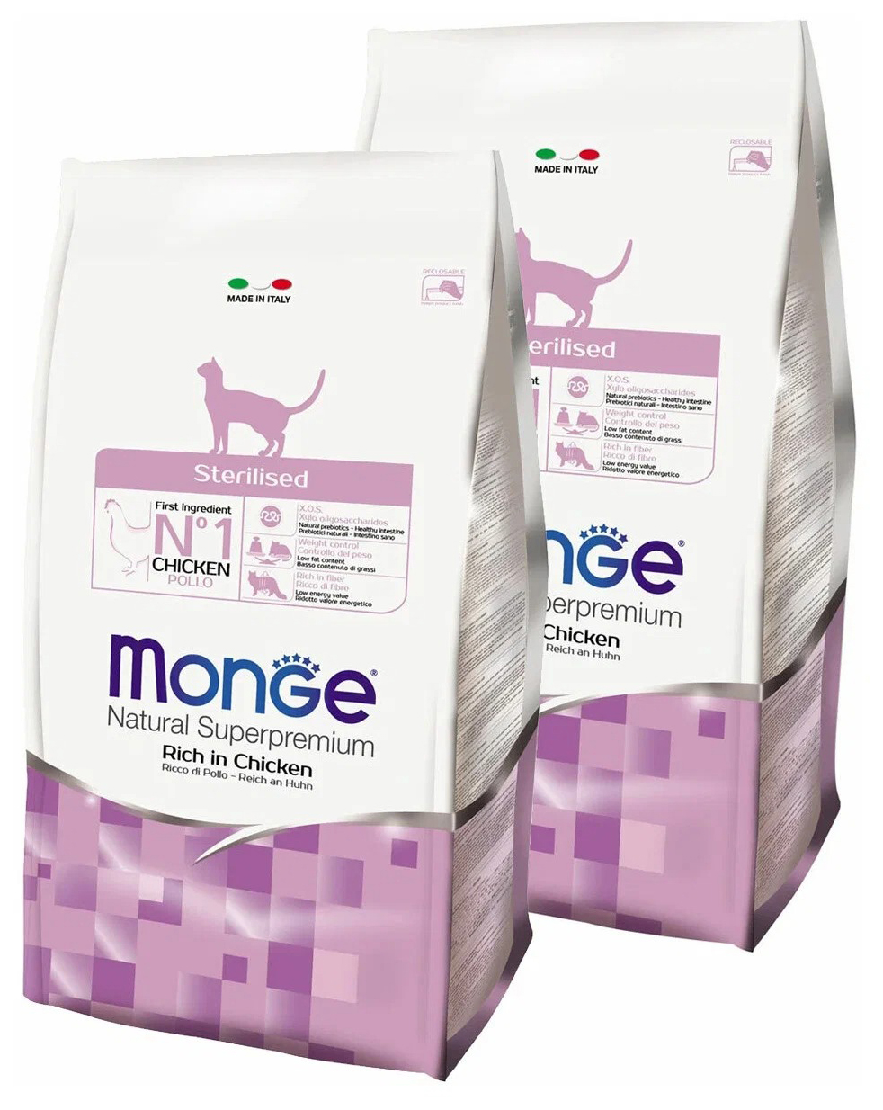 

Сухой корм для кошек Monge Sterilised Chicken, для стерилизованных, курица, 2 шт по 0,4 кг, MONGE CAT STERILISED CHICKEN для взрослых кастрированных котов и стерилизованных кошек с курицей (0,4 + 0,4 кг)