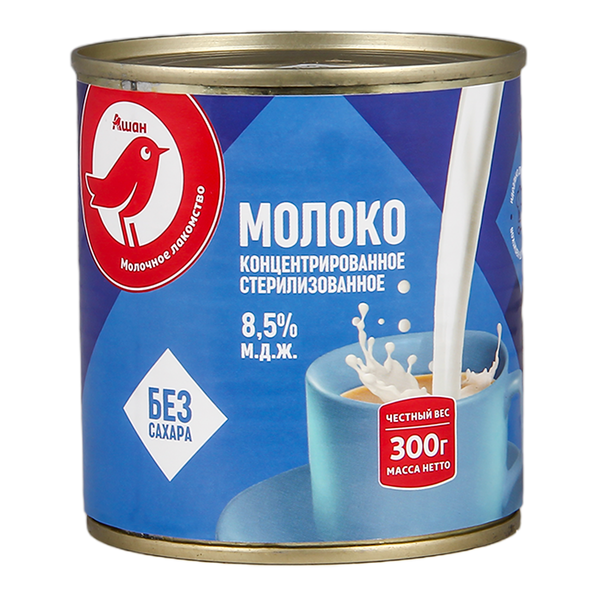 Молоко АШАН Красная птица концентрированное стерилизованное 8,5% БЗМЖ, 300 г