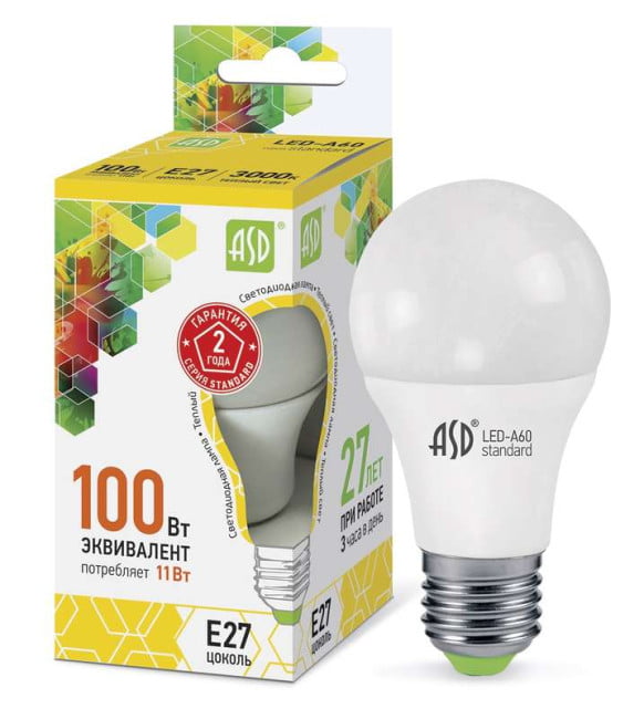 

Лампа светодиодная ASD led-A60-standard 11Вт 3000К E27 990Лм 160-260В (10шт)