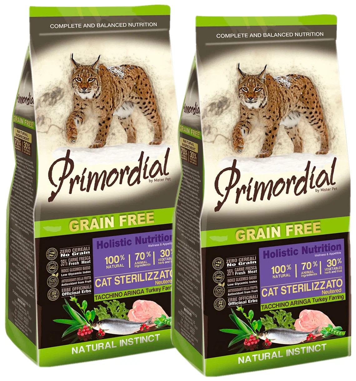 Сухой корм для кошек Primordial с индейкой и сельдью, 2 шт по 0,4 кг