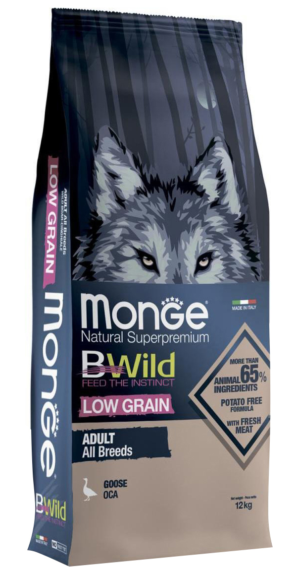 

Сухой корм для собак Monge с гусем, 2 шт по 12 кг, MONGE BWILD LOW GRAIN DOG ADULT ALL BREEDS GOOSE низкозерновой для взрослых собак всех пород с гусем (12 + 12 кг)