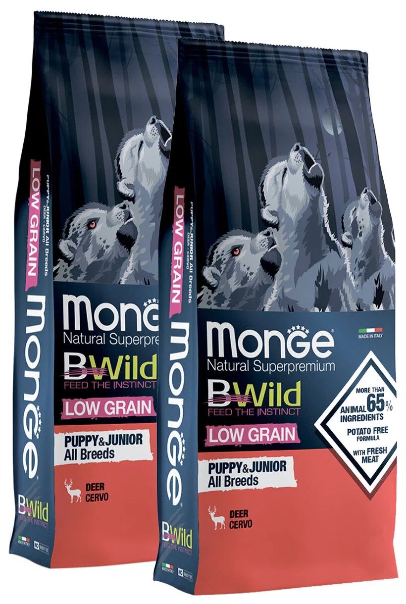 Сухой корм для щенков MONGE BWILD GRAIN FREE с олениной 2 шт по 12 кг 19136₽