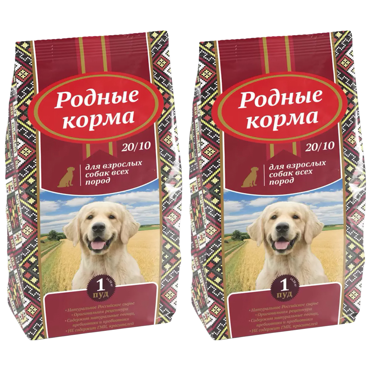 Сухой корм для взрослых собак всех пород Родные корма 20/10 с курицей, 2 шт по 16,38 кг