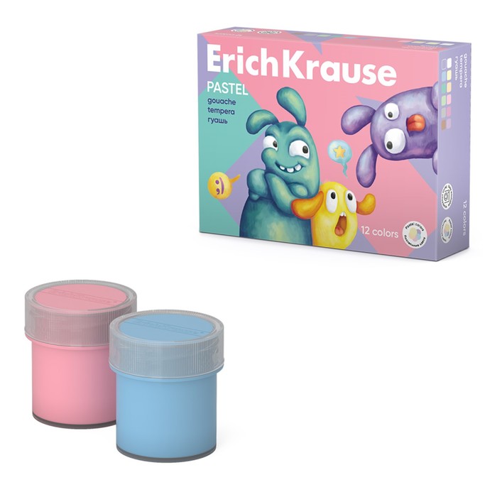 Гуашь ErichKrause Jolly Friends Pastel 12 цветов х 20 мл, пастельная гамма, в коробке