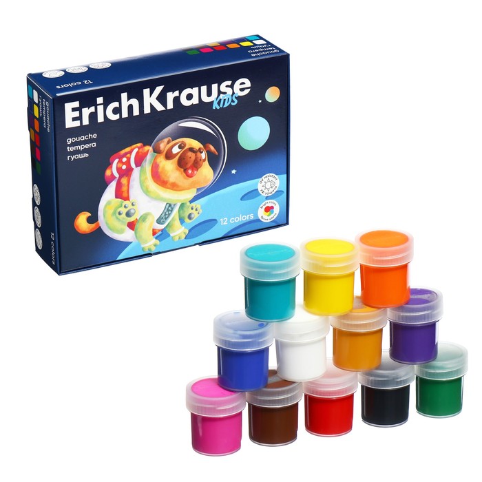 Гуашь ErichKrause Kids Space Animals 12 цветов х 20 мл, с УФ защитой яркости, в коробке