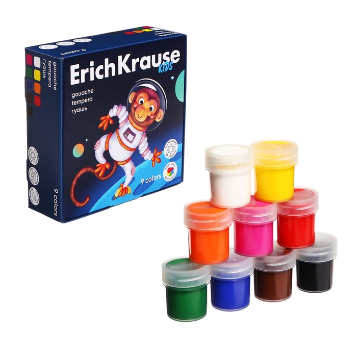 Гуашь ErichKrause Kids Space Animals 9 цветов по 20 мл