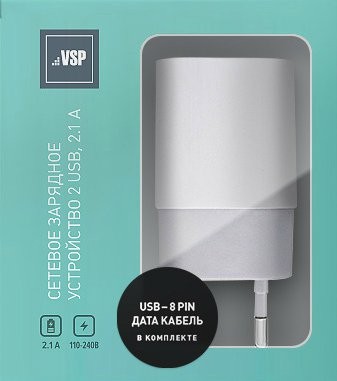 

З/У BoraSCO (20650) 2 USB 2.1A + кабель Apple 8-pin белый, 1 м