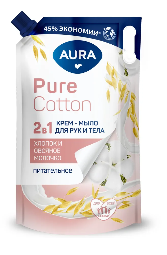 Купить Крем-мыло AURA Pure Cotton 2в1 Хлопок и овсяное молочко, для рук и тела, 850 мл