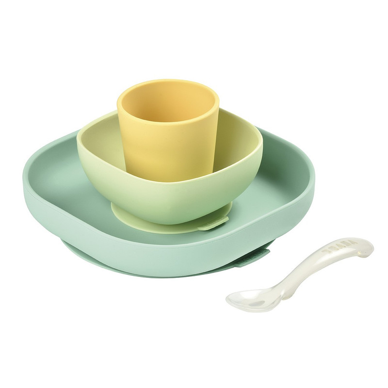 фото Набор детской посуды beaba silicine meal 2 тарелки, стакан, ложка, желтый