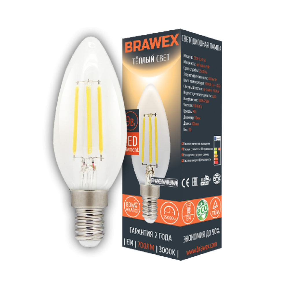 

Светодиодная лампа Brawex LED Filament Candle 9W 3000K E14 C35F-E14-9L