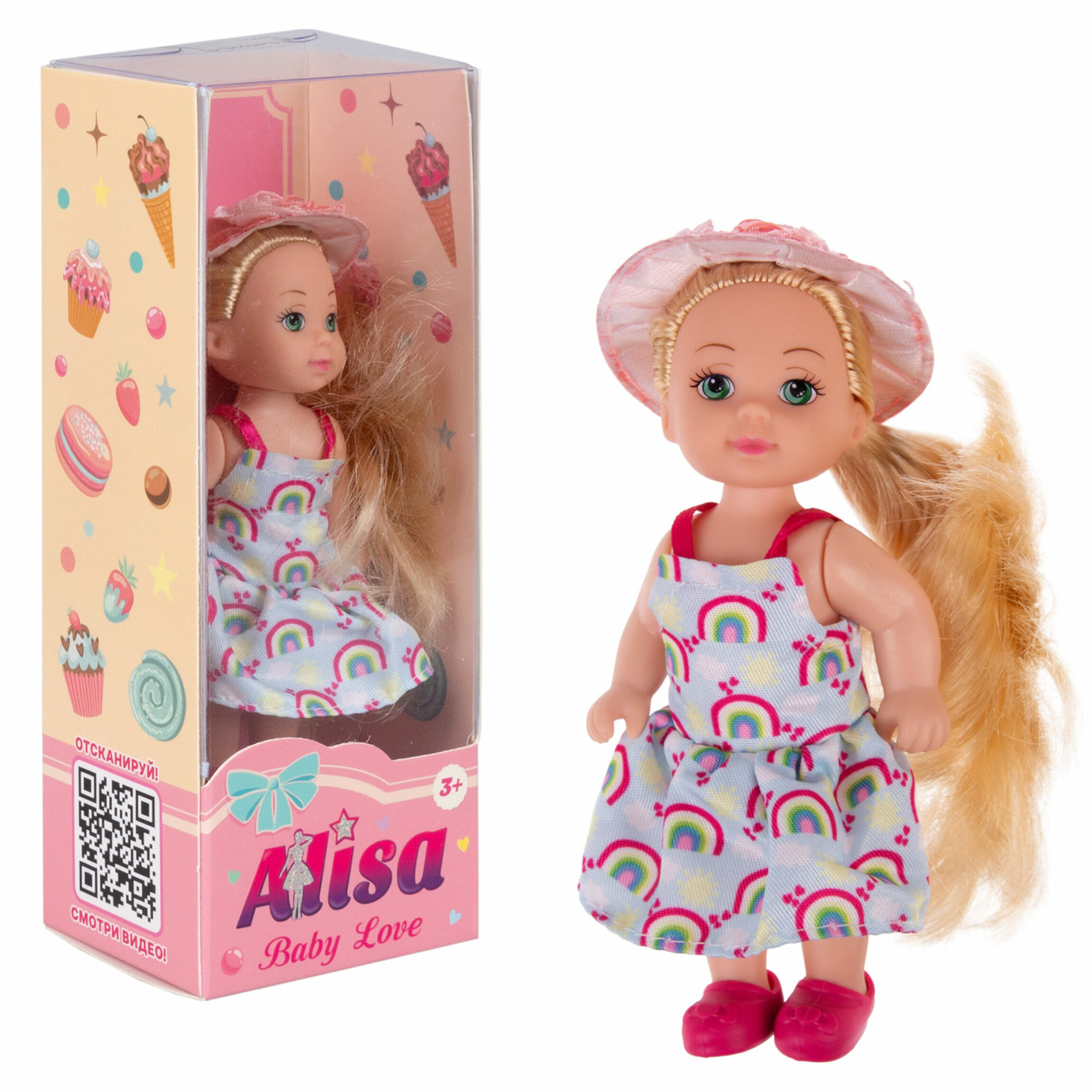 Кукла 1toy Т25194-3 ALISA BABY LOVE в летней одежде, 12 см, в голубом платье с радугой