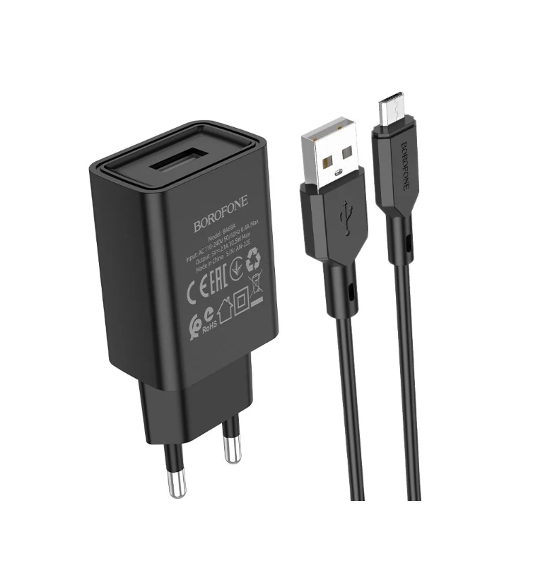 

Сетевое зарядное устройство c USB Borofone, BA68A,+Micro, черное, 2.1A