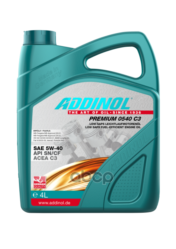 фото Addinol масло мотор. синт. addinol premium 0540 c3, 5w-40, 4л