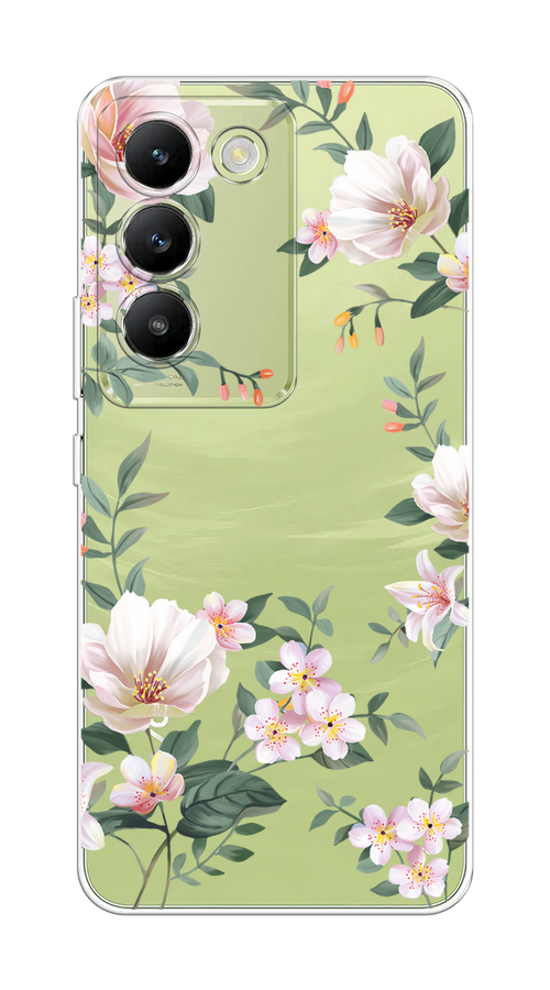 

Чехол на Vivo V30 lite 4G "Beautiful white flowers", Бежевый;зеленый, 2610350-1