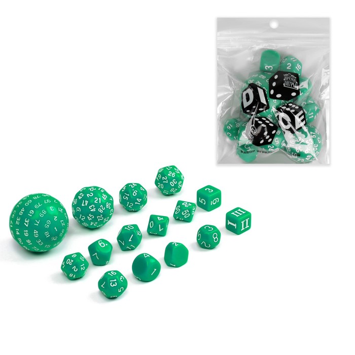 

Набор кубиков для D&D (Dungeons and Dragons, ДнД) "Время игры", серия: D&D, 15 шт, зеленые, Зеленый