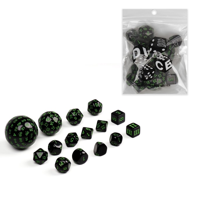 

Набор кубиков Время игры для D&D (Dungeons and Dragons, ДнД), 15 шт, зеленые, Зеленый;черный