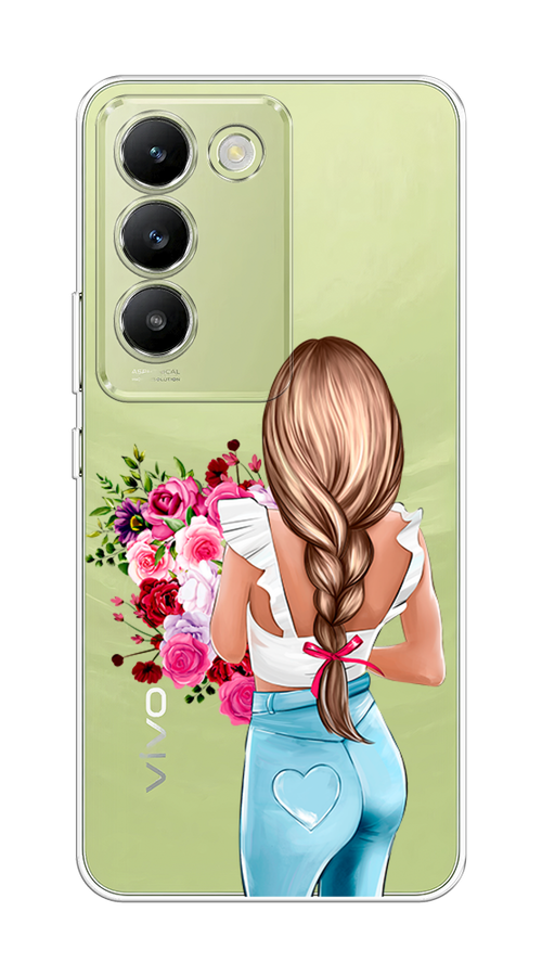 

Чехол на Vivo V30 lite 4G "Девушка с цветами", Коричневый;розовый;бирюзовый, 2610350-1