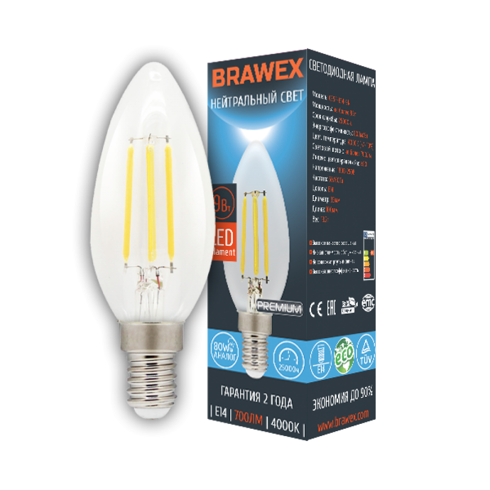 Светодиодная лампа Brawex LED Filament Candle 9W 4000K E14 C35F-E14-9N