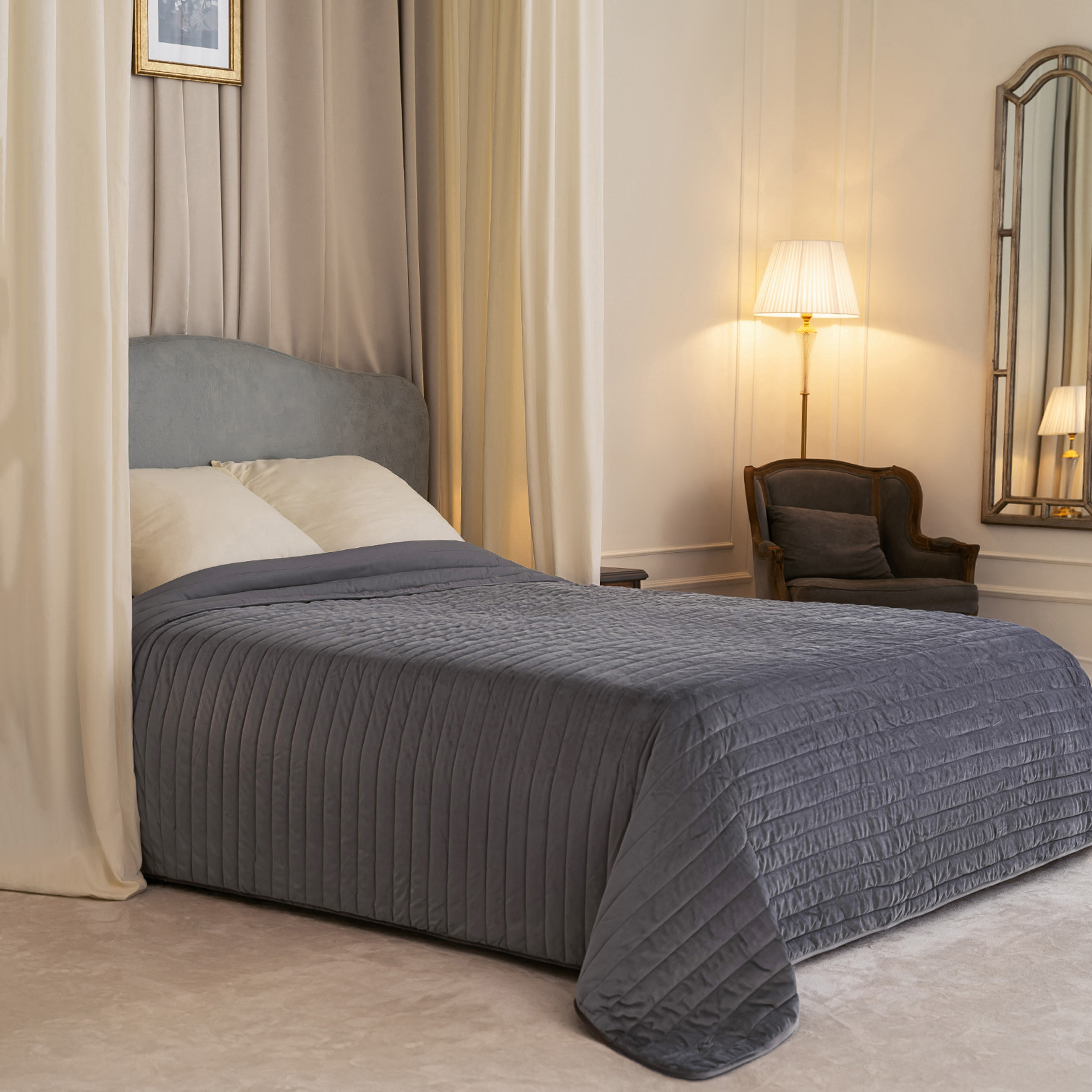 

Покрывало, 220х240 см, стеганое, вельвет/микрофибра, серое, Stitch velvet